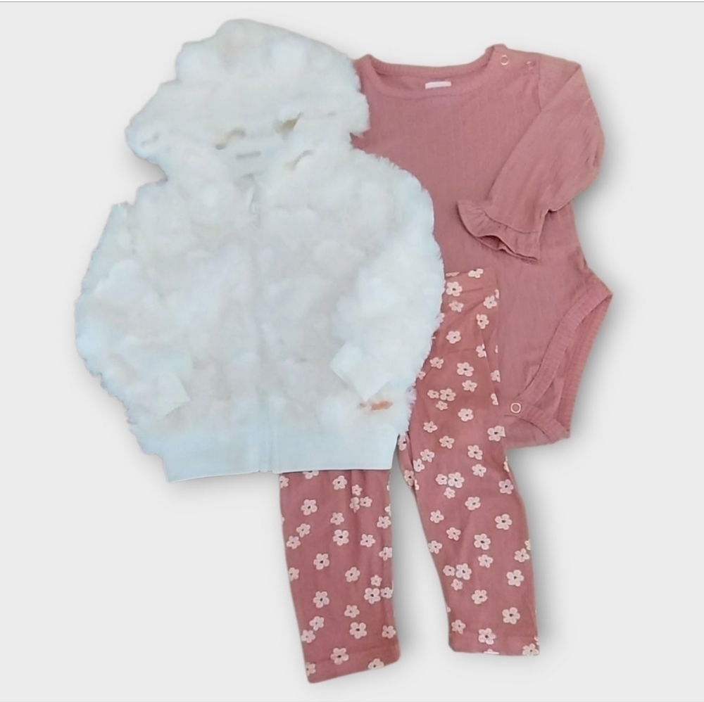NWT Kensie Baby 3 Pc Pink Bell Sleeve Outfit w/Ivory Faux Fur Bear Jacket ~6/9M